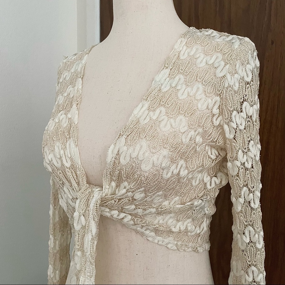 Vintage knitted lace shrug long sleeve crop top gold thread